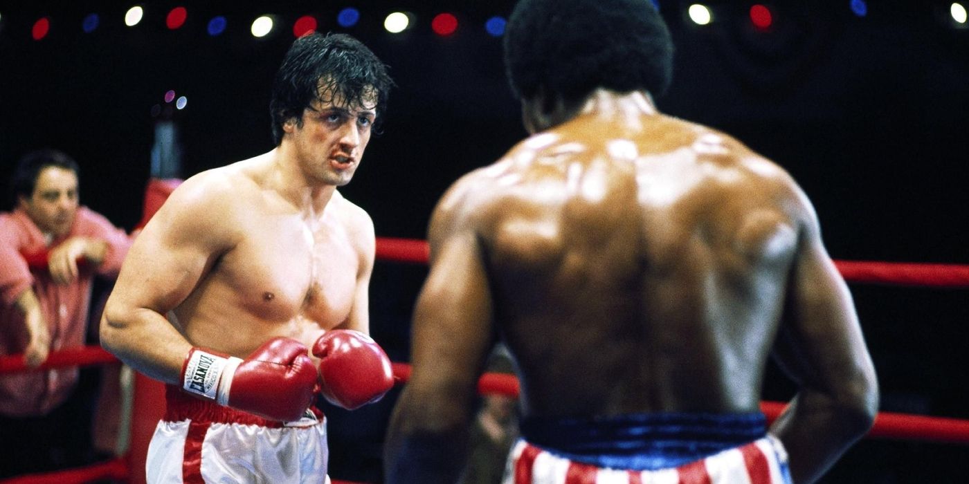 Sylvester Stallone and Carl Weather as Rocky Balboa and Apollo Creed