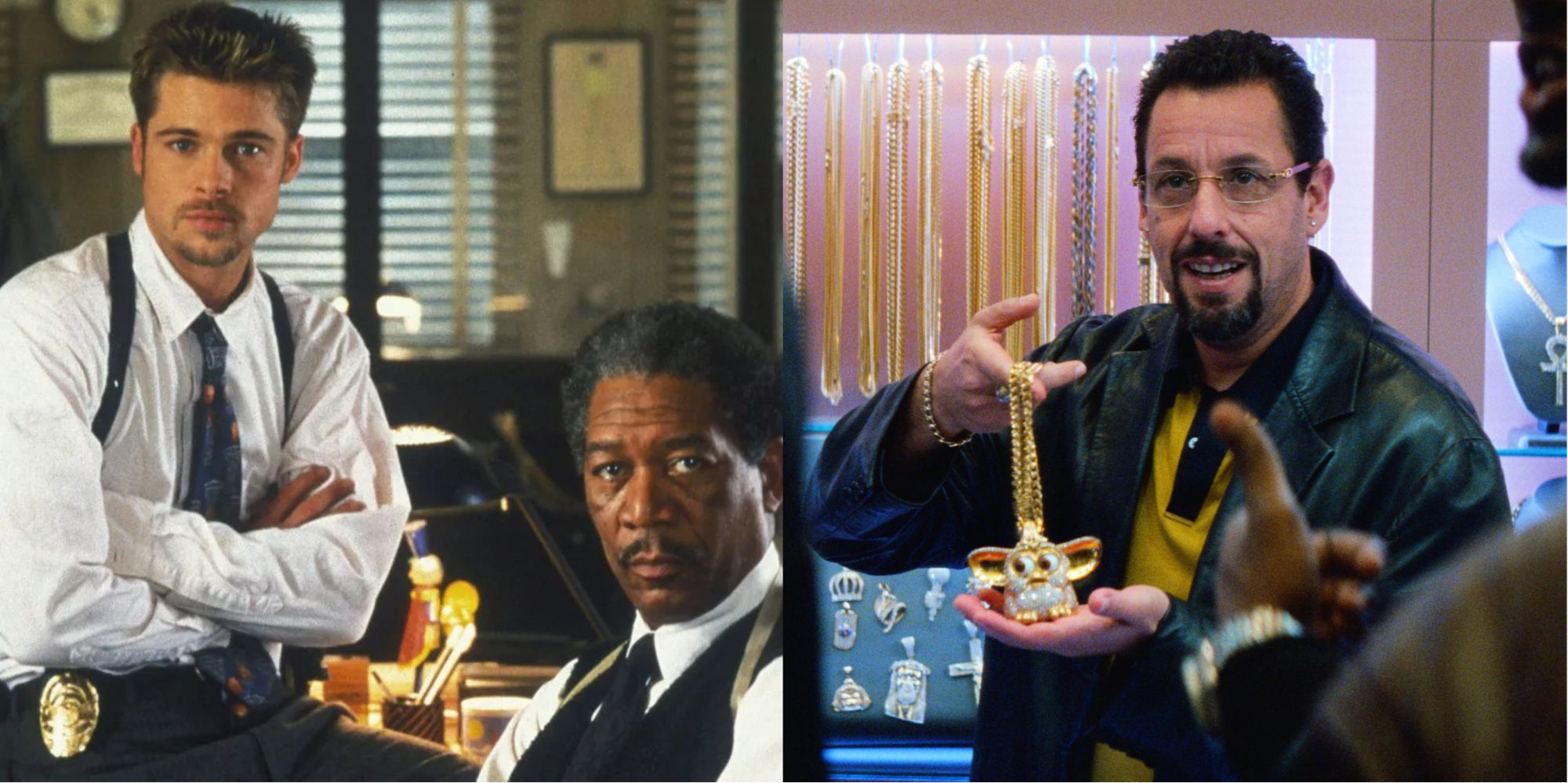 Split image of Brad Pitt & Morgan Freeman in Se7en and Adam Sandler in Uncut Gems