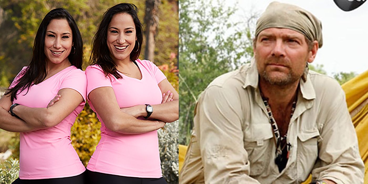Split image of players from The Amazing Race and Les Stroud from Survivorman.