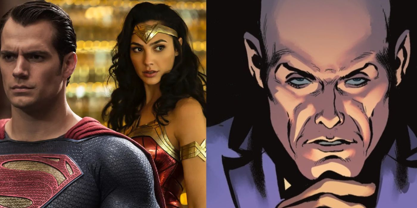 split image of Henry Cavill, Gal Gadot and comic book lex luthor