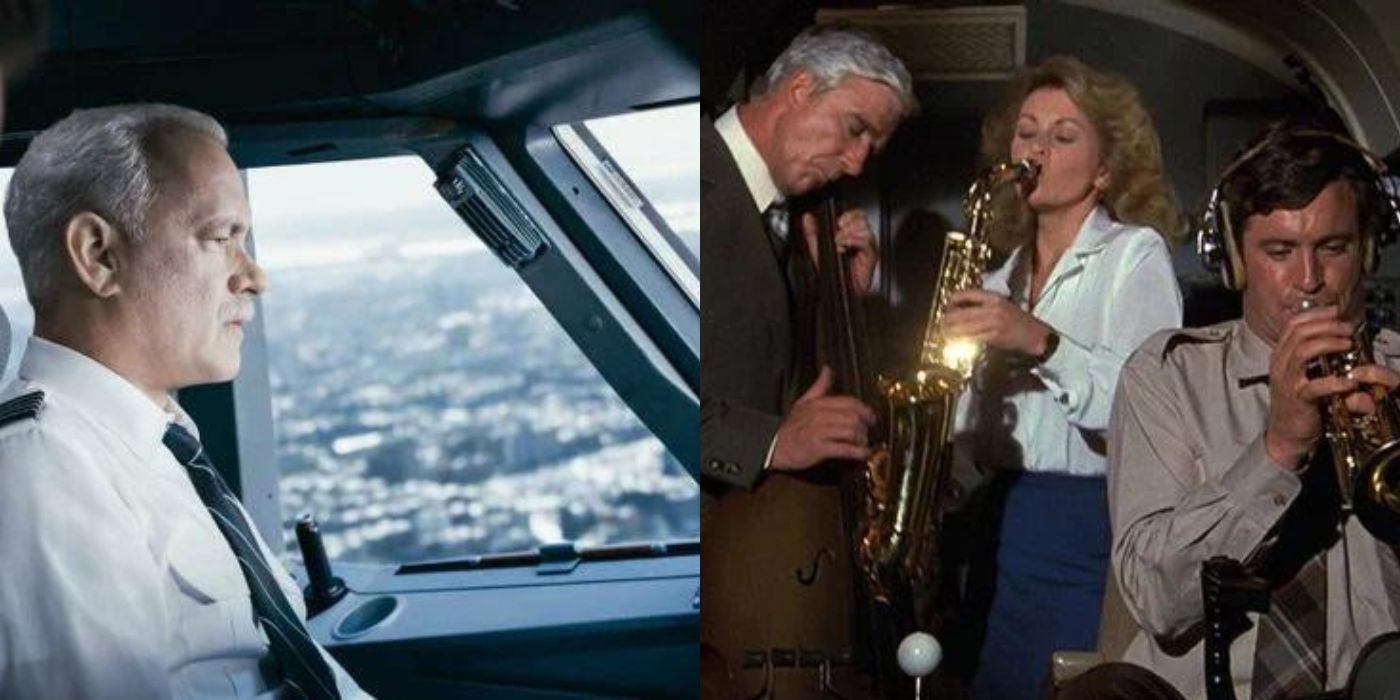 split image of Tom hanks as Sully and the Airplane cast playing instruments