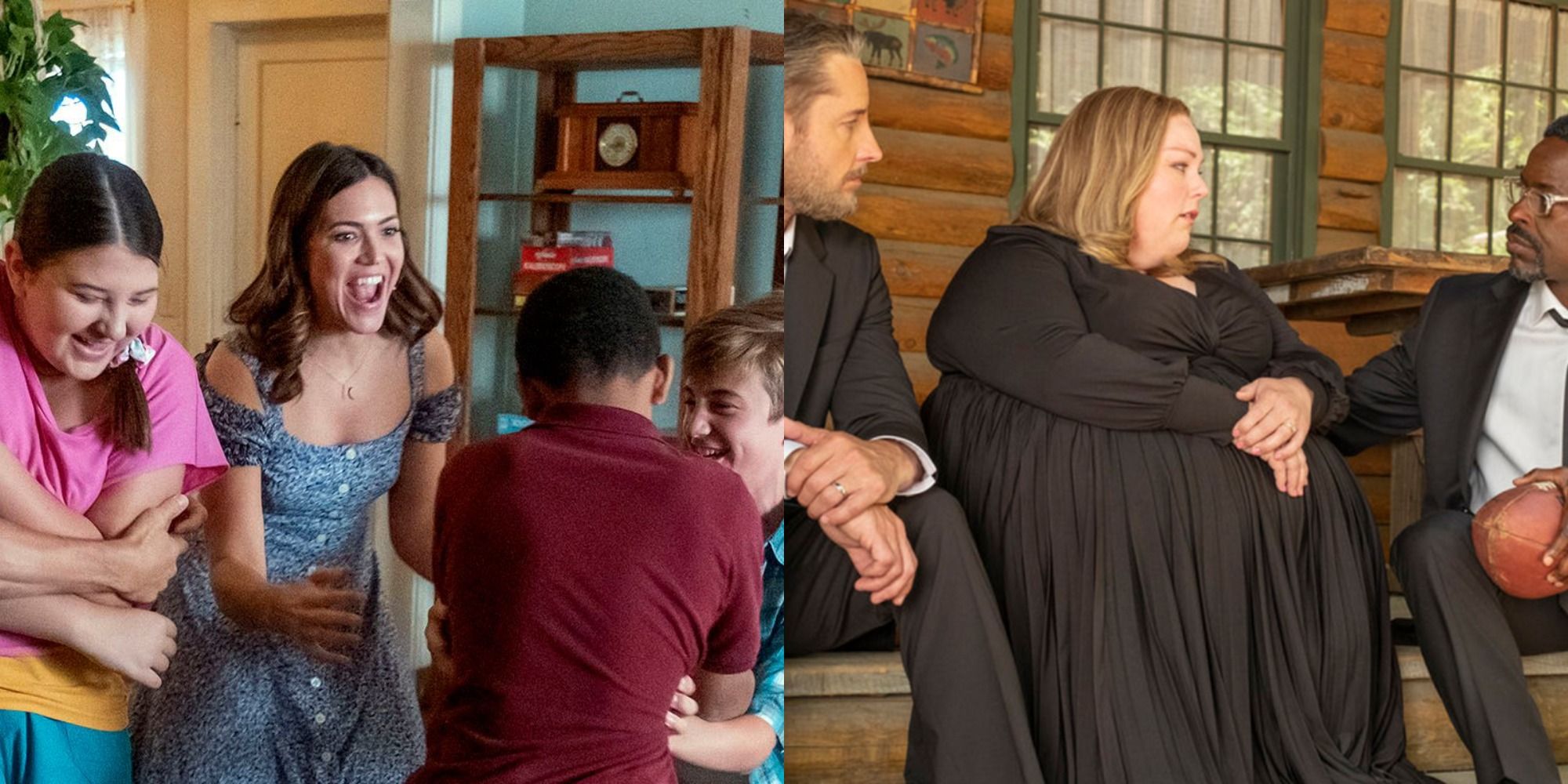 split image of the Big Three from This Is Us playing with Rebecca as kids and sitting on cabin steps as adults