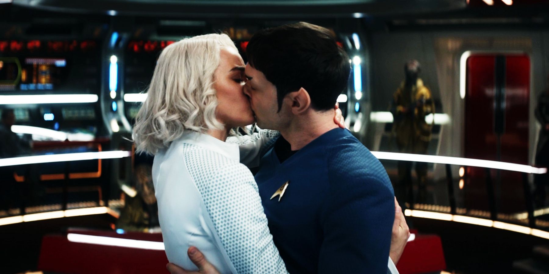 Nurse Chapel and Mr Spock kiss in Star Trek Strange New Worlds