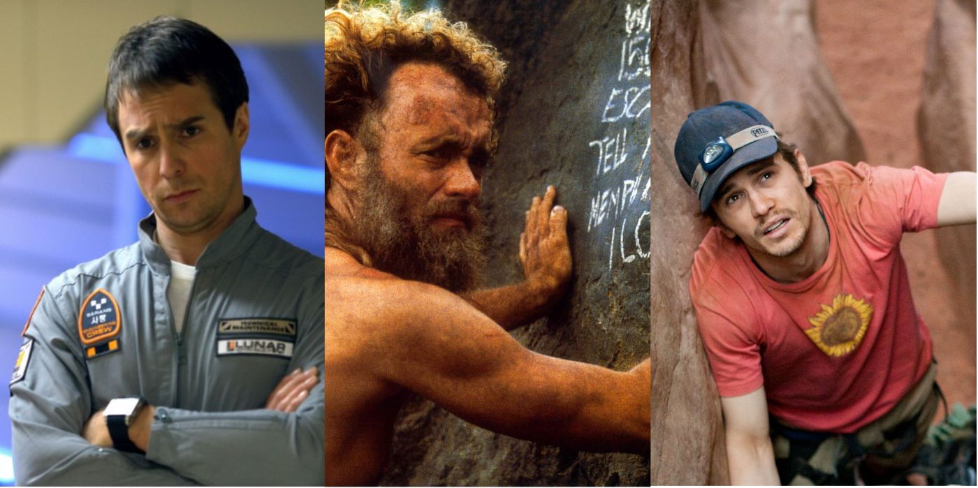 Split image of stills from Moon, Cast Away, and 127 Hours