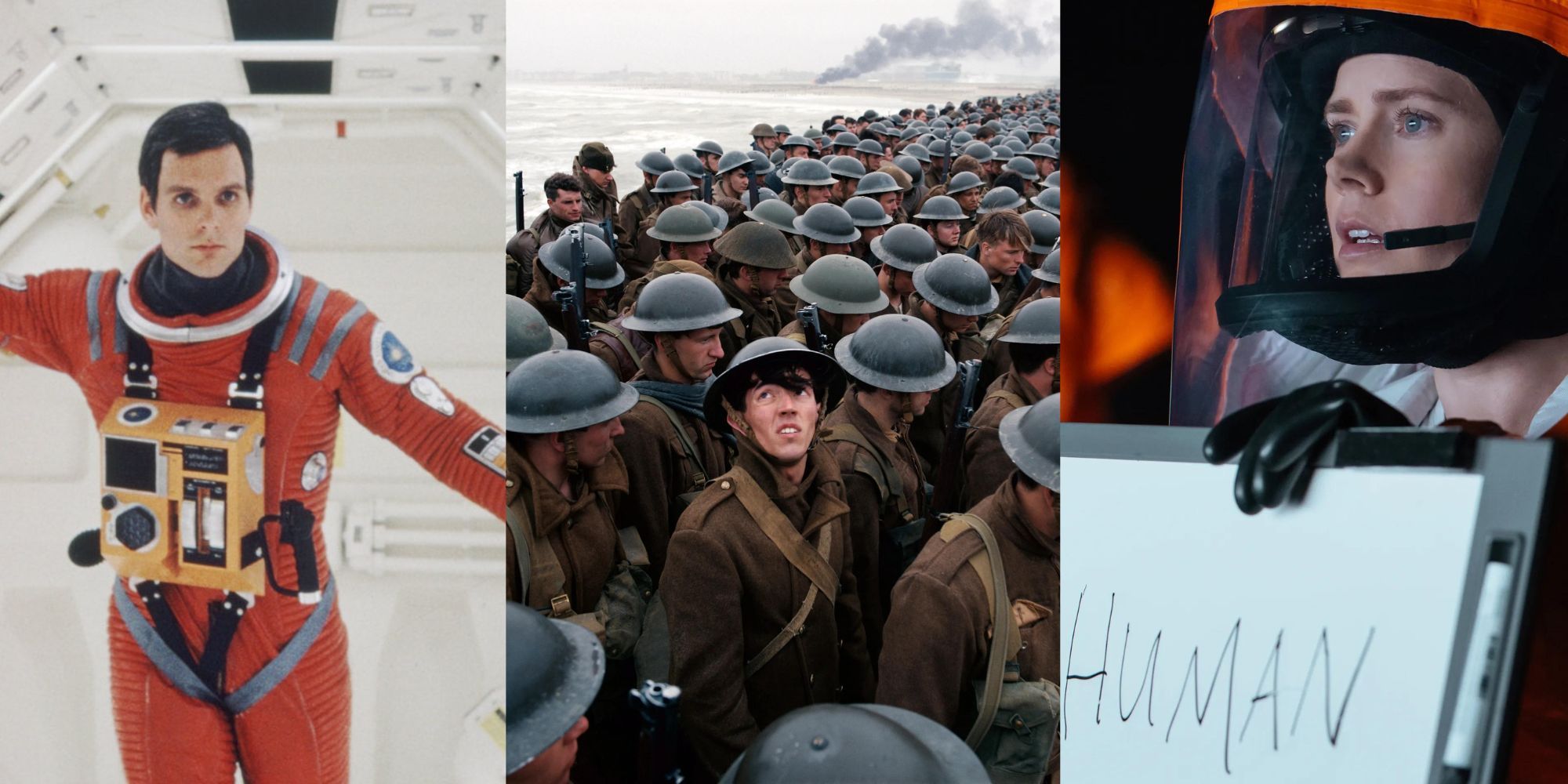 Stills from 2001: A Space Odyssey, Dunkirk, and Arrival