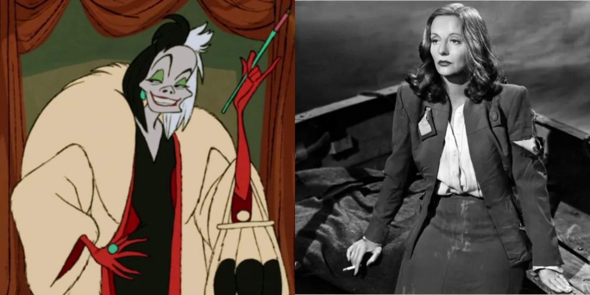 Side by side images of Cruelle de Vil and Tallulah Bankhead.