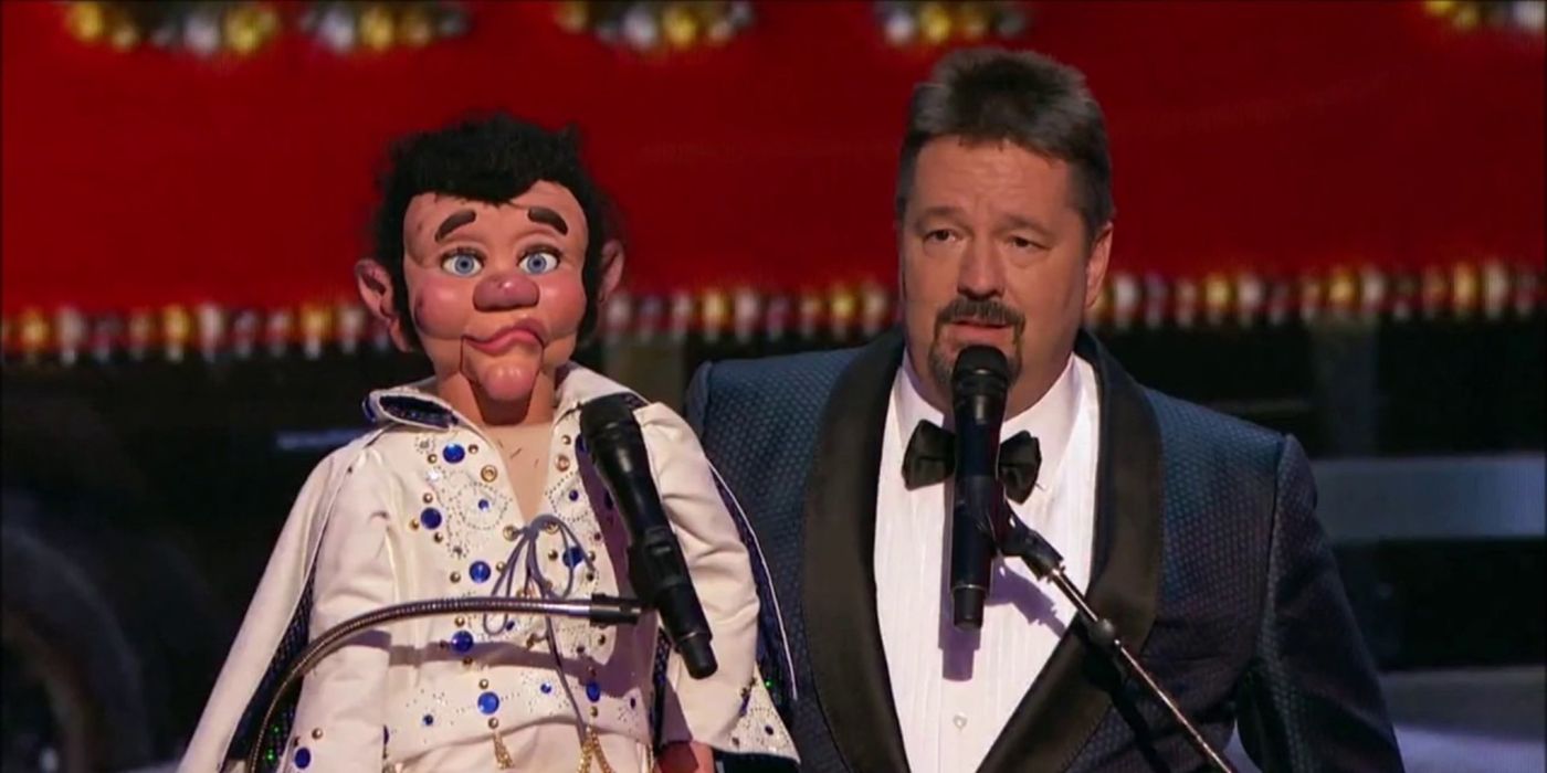 Terry Fator on stage with his dummy on America's Got Talent.