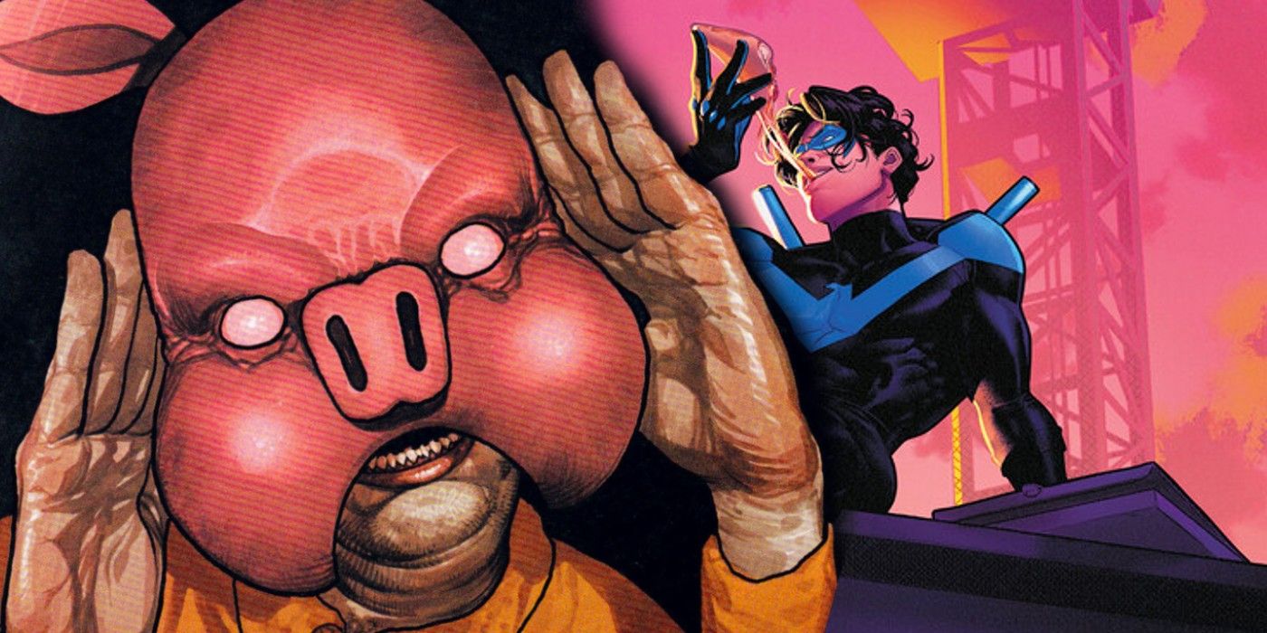 the Batman villain Professor Pyg with Nightwing in DC Comics