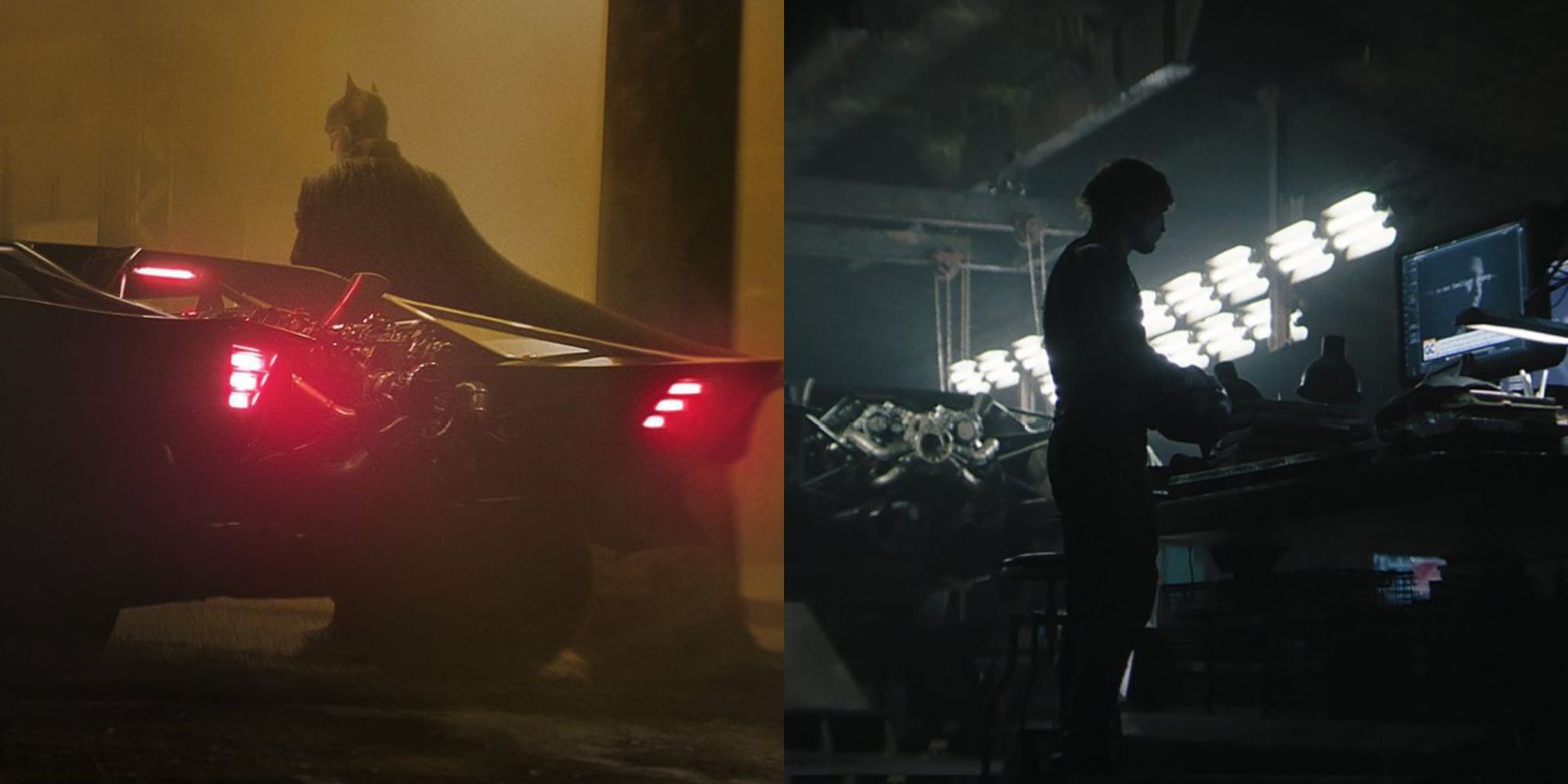 Split image of Robert Pattinson's Batman with the Batmobile and Batcomputer