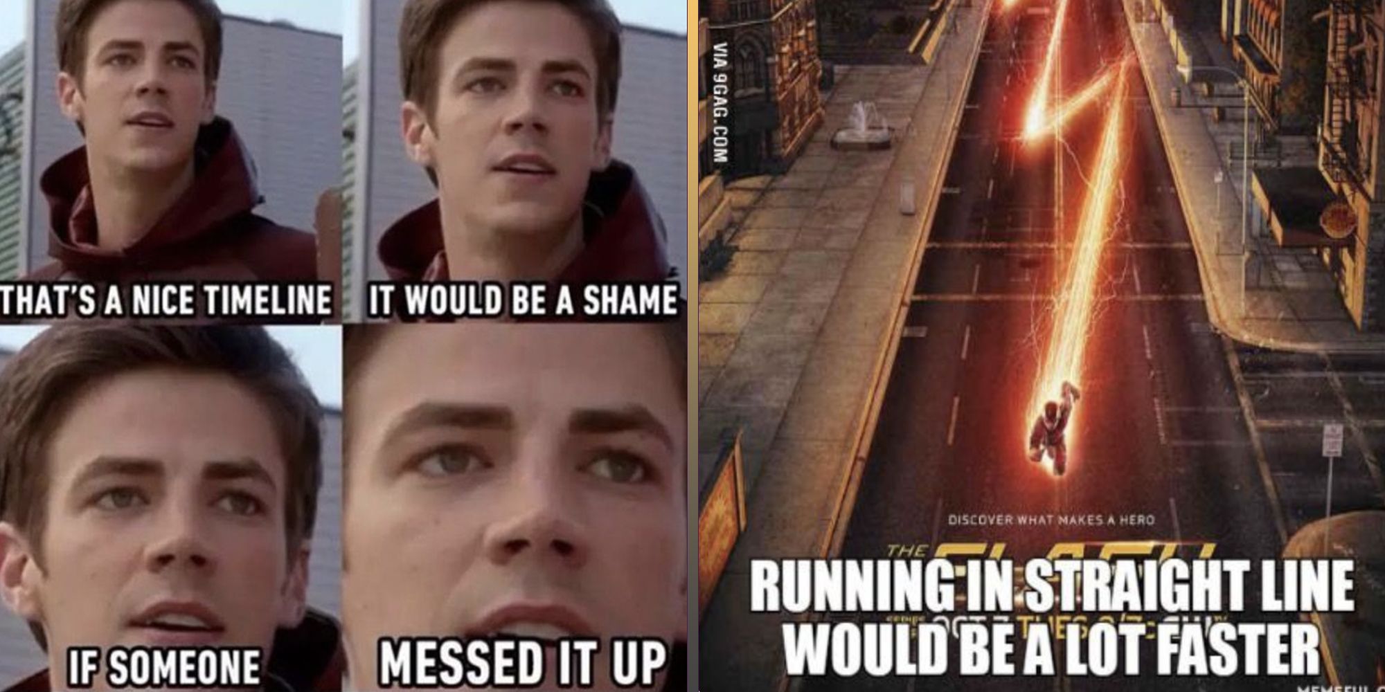 An image of Barry Allen looking annoyed and him running through the street