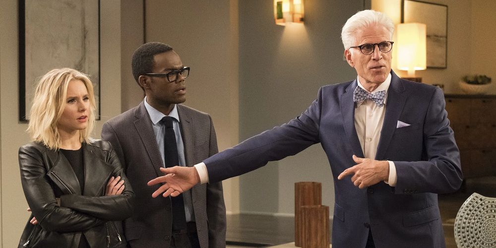 Michael motions toward Eleanor in The Good Place