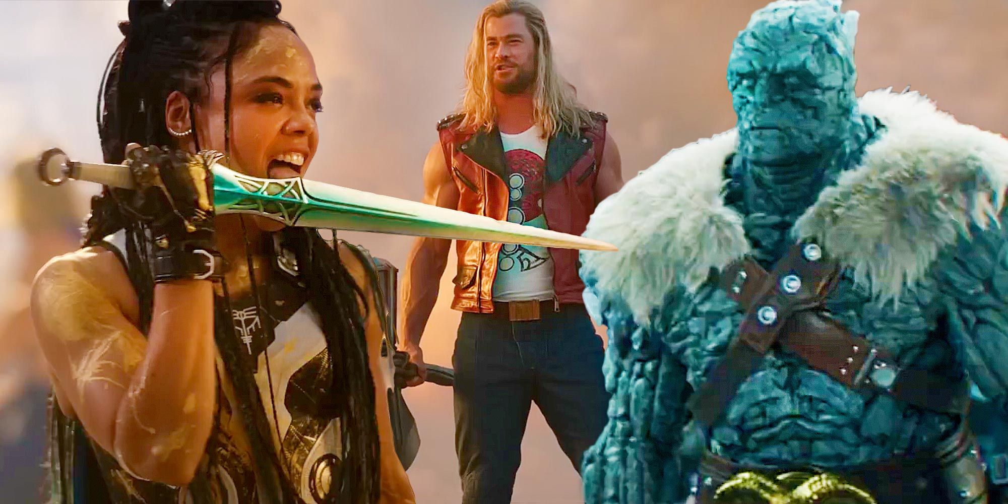 A split image of Valkyrie, Thor, and Korg in Thor: Love and Thunder