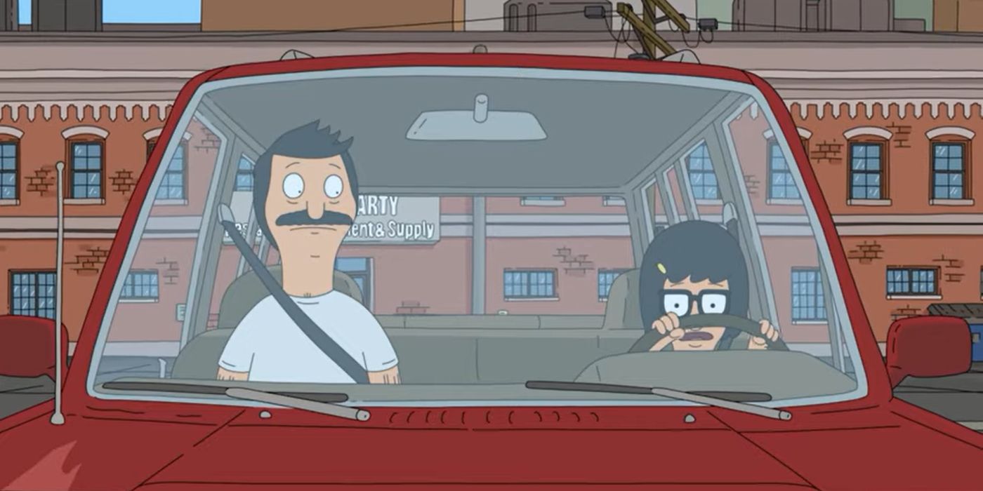 Tina Belcher driving with Bob Belcher in the Bob's Burgers episode Tina-Rannosaurus Wrecks.