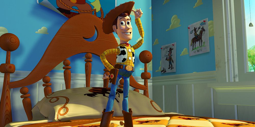 Woody stands on Andy's bed in Toy Story