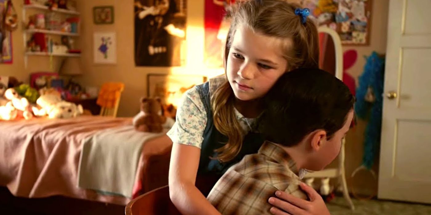 Missy hugging Sheldon in a scene from Young Sheldon.