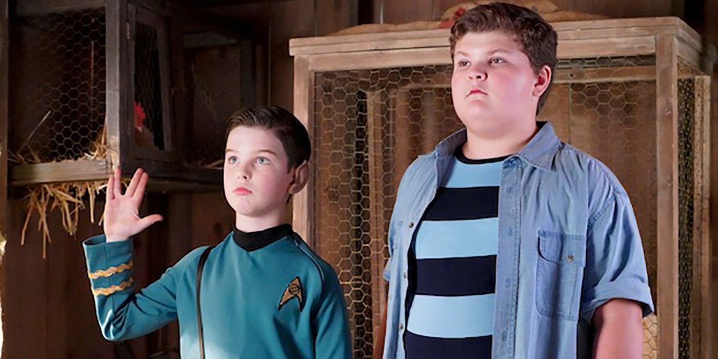 Sheldon dressed as Spock from Star Trek standing with Billy in a scene from Young Sheldon.