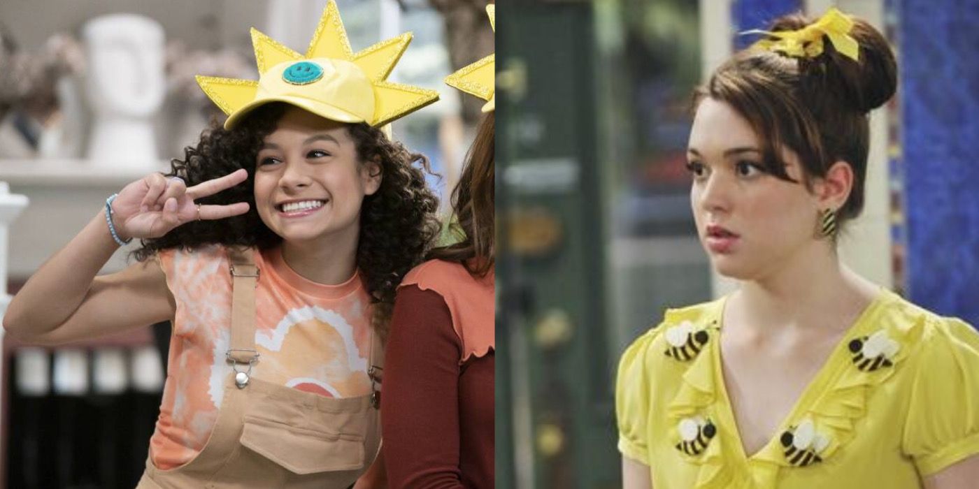 Split-Image of Hartley with a sunshine hat on in VOVV and Harper Finkle with a bright outfit in WOWP