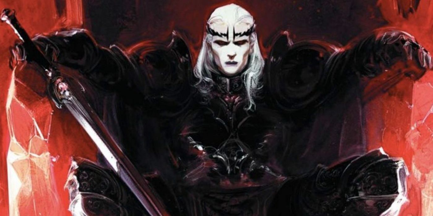 Elric of Melnibone on the ruby throne on comic book cover.