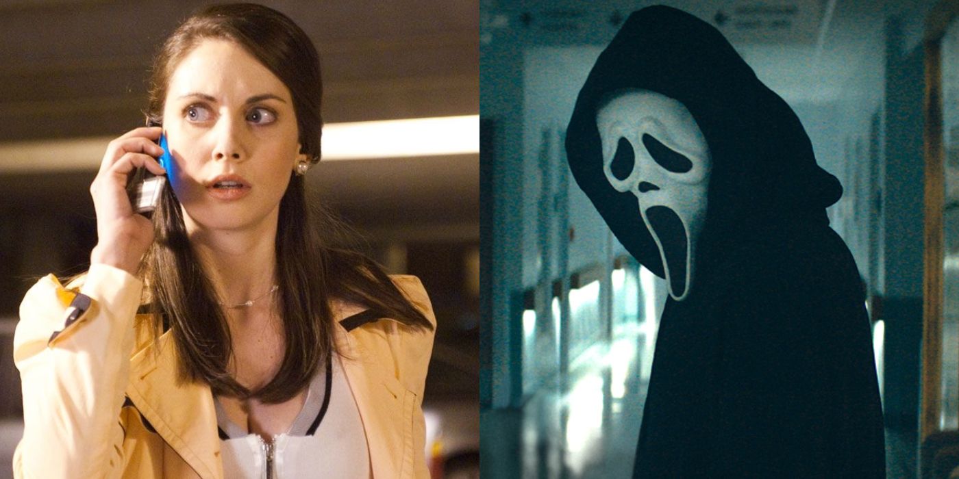 Split image of Allison Brie on the phone and the Ghostface Killer in Scream