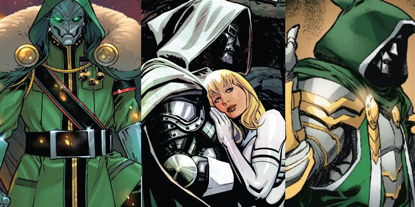 Collage images of Doctor Doom from different comics.