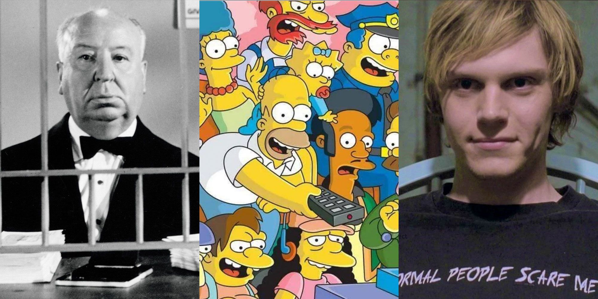 Three side by side images of Alfred Hitchcock, The Simpsons and AHS
