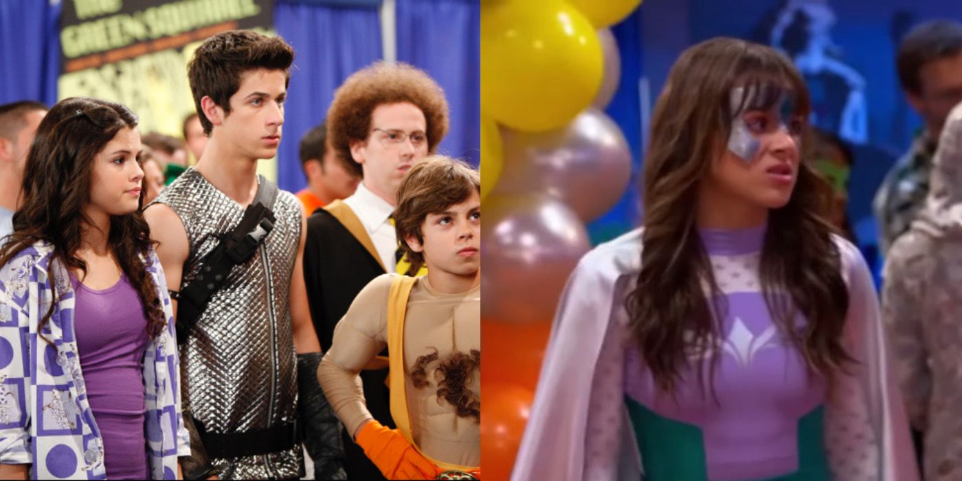 Split-image of the Russos at Comic Con in Wizards Of Waverly Place and Amy at ColossalCon in Villains Of Valley View