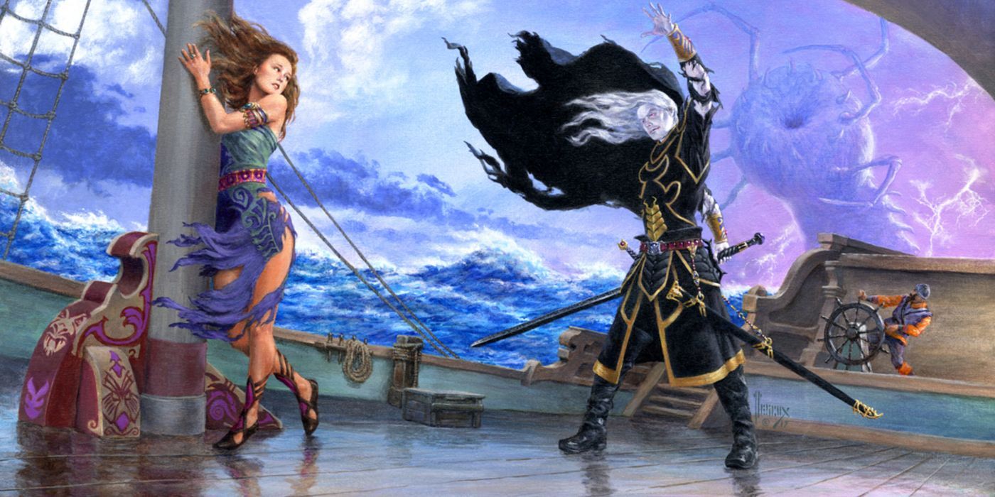 Official art of Elric gathering magic from the Elric novel: Sailor on the Seas of Fate.