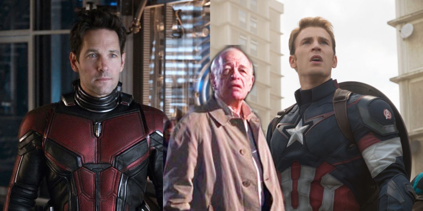 Split-Image: Scott Lang in his Ant-Man suit stands next to Steve Rogers looking up, with an overlay of the man from Avengers who stood up to Loki