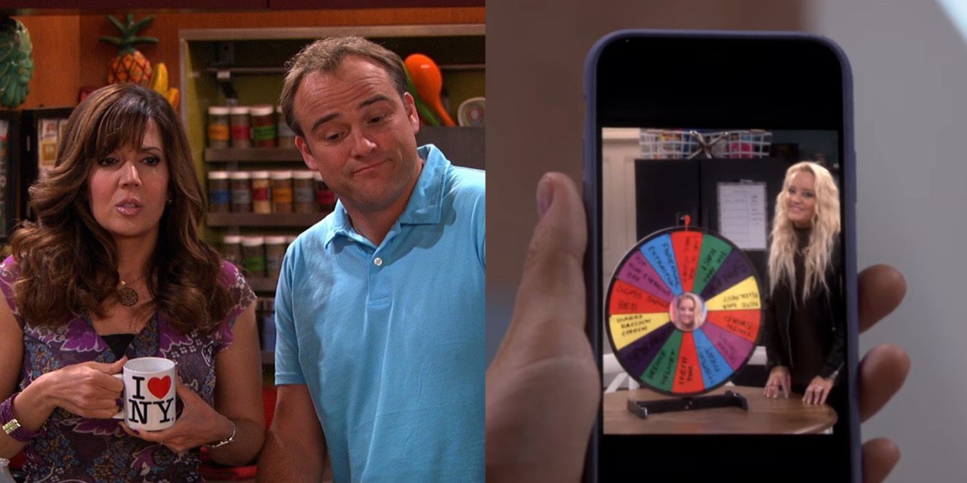 Split-image of the Russo parents in WOWP and the villain mom with her wheel of torment on a phone video in VOVV