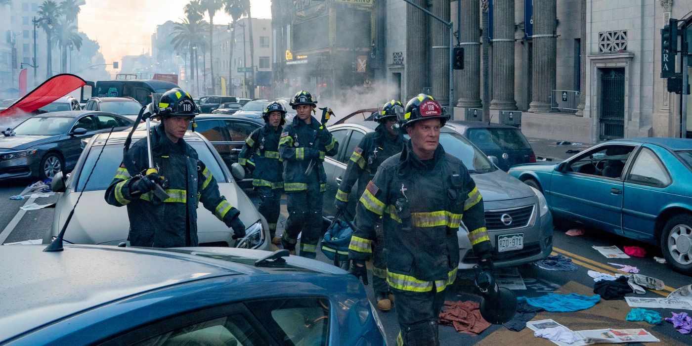 The 9-1-1 team in the middle of a car pile up