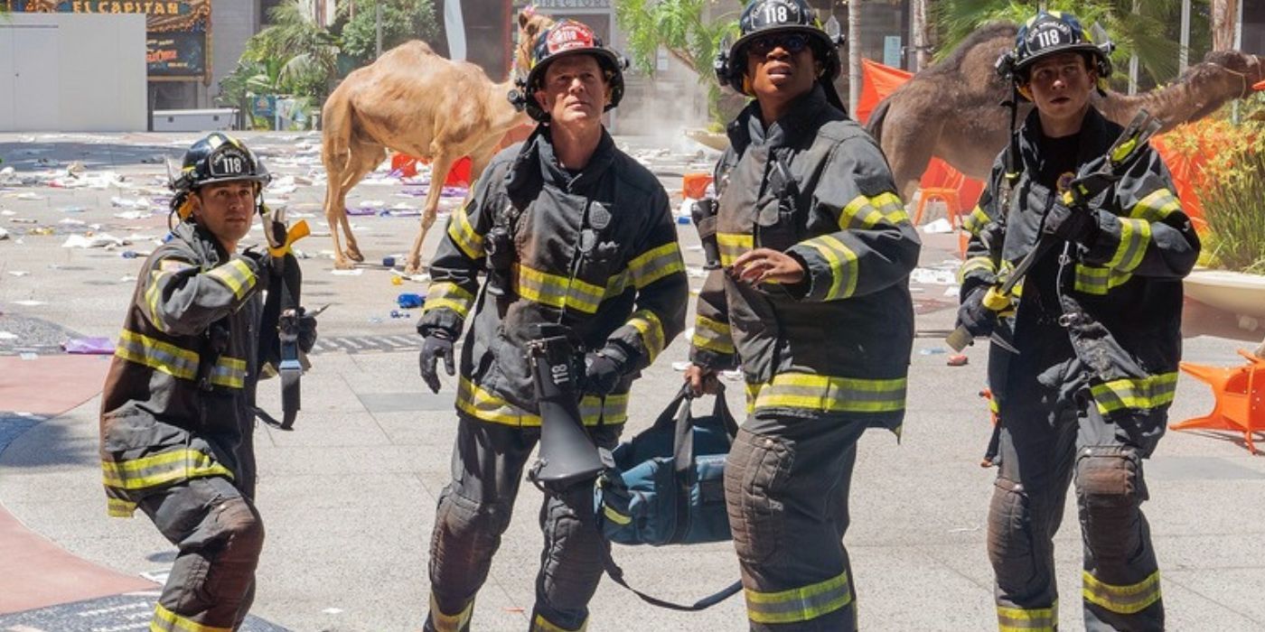 The 9-1-1 team on an empty street surrounded by escaped zoo animals