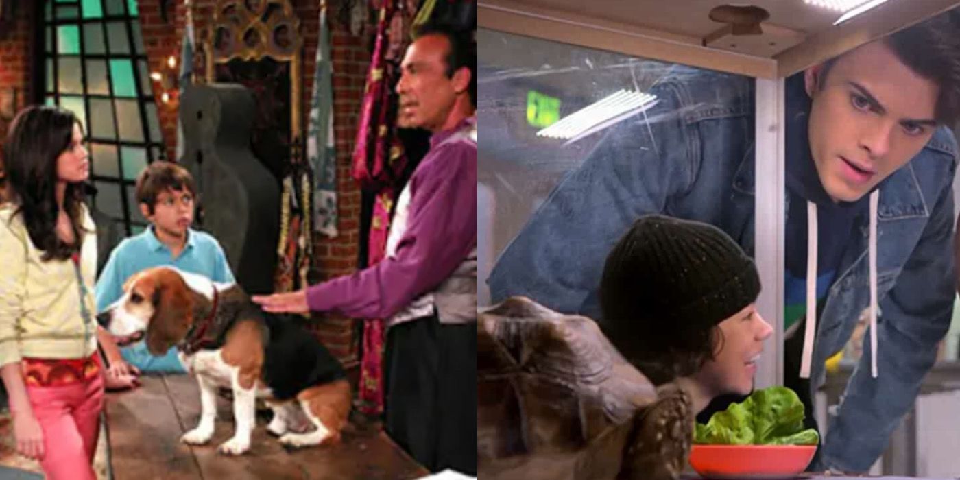 Split-image of the Russo kids buying a dragon/dog in WOWP and Colby as a turtle in a cage in VOVV