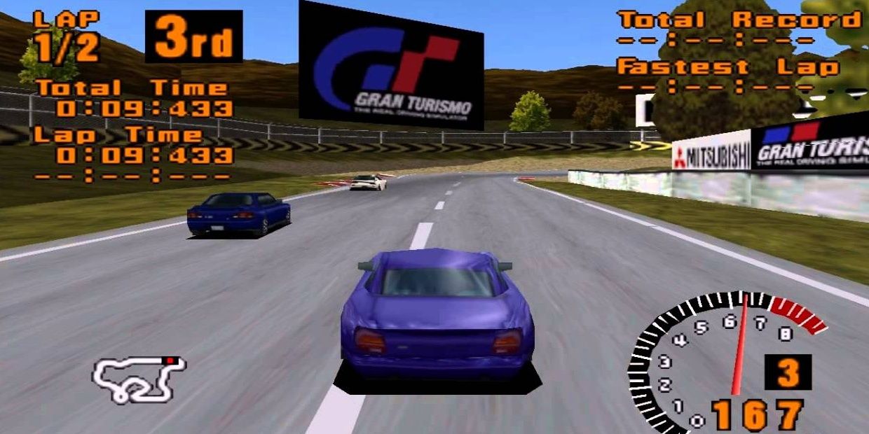 A car drives down the road in Gran Turismo Cropped