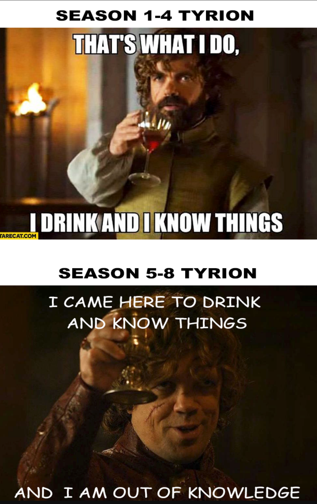 A meme of Tyrion saying he drinks and knows things but hes out of knowing things