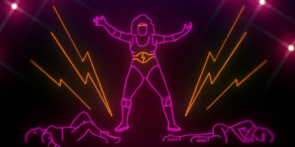 A neon wrestler defeating two others in the animated intro of GLOW