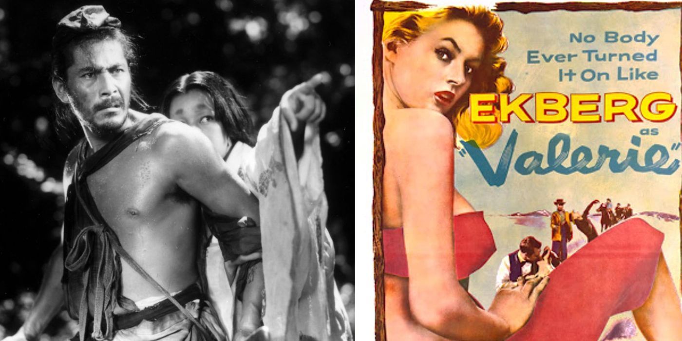 A samurai lifting a woman in Rashomon and a poster for Valerie