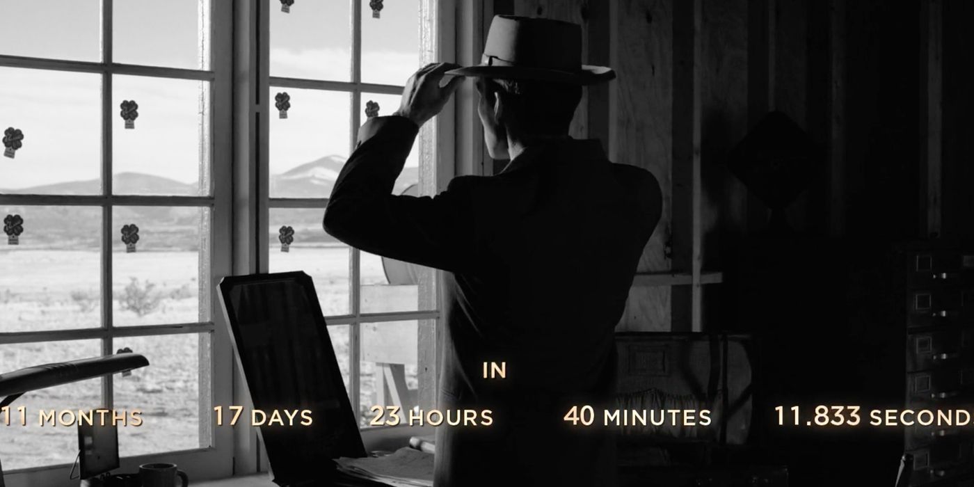 A scene from Christopher Nolans Oppenheimer with a countdown on screen