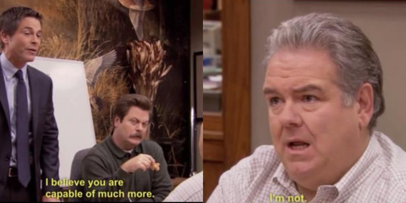 A split im age of Chris and Ron talking to Jerry from Parks and Rec