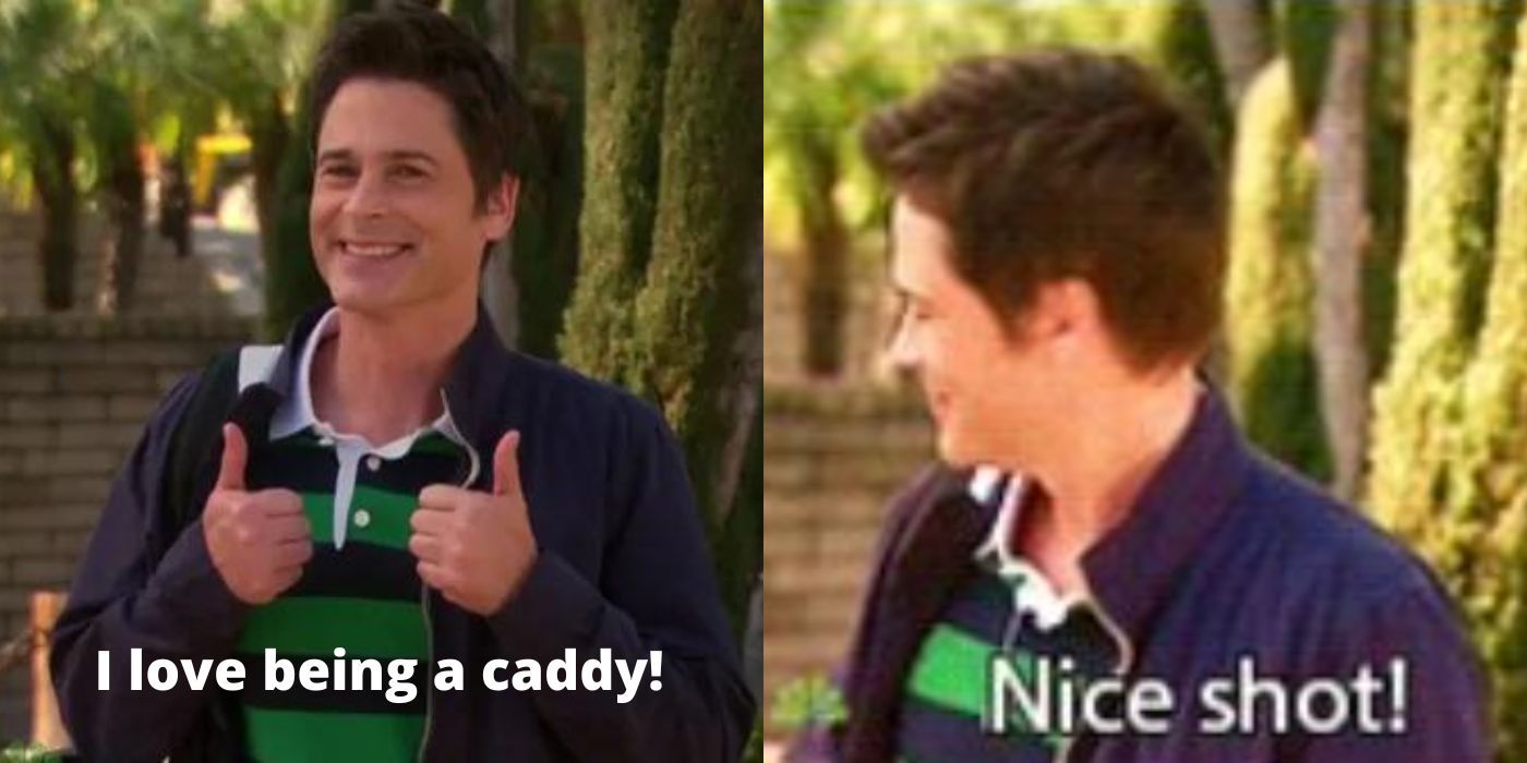 A split im age of Chris caddying at a golf course on Parks and Rec
