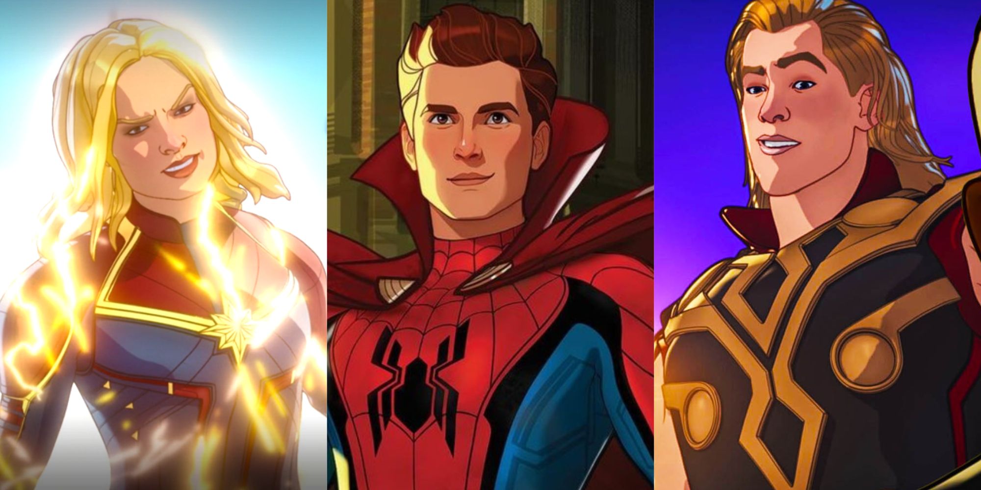 A split image of Captain Marvel Spider Man and Thor in What If