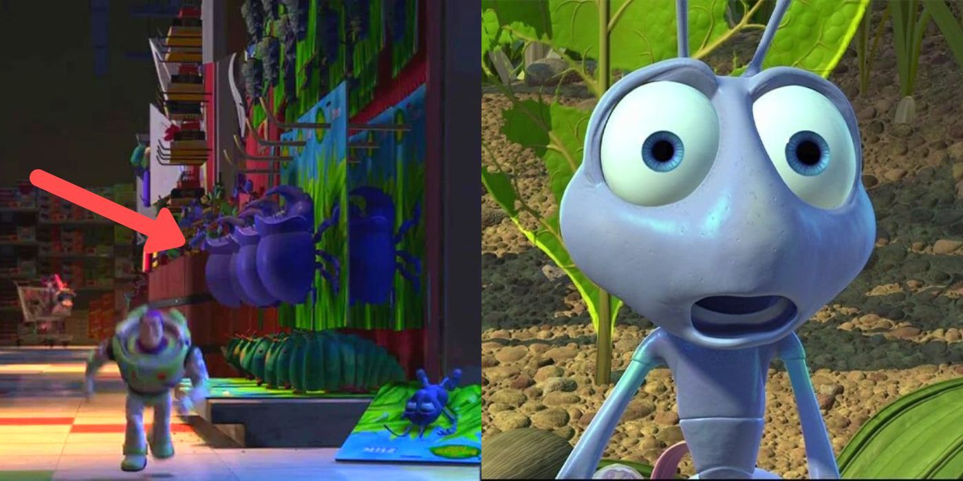 A split image of Dim in A Bug's Life and Flik