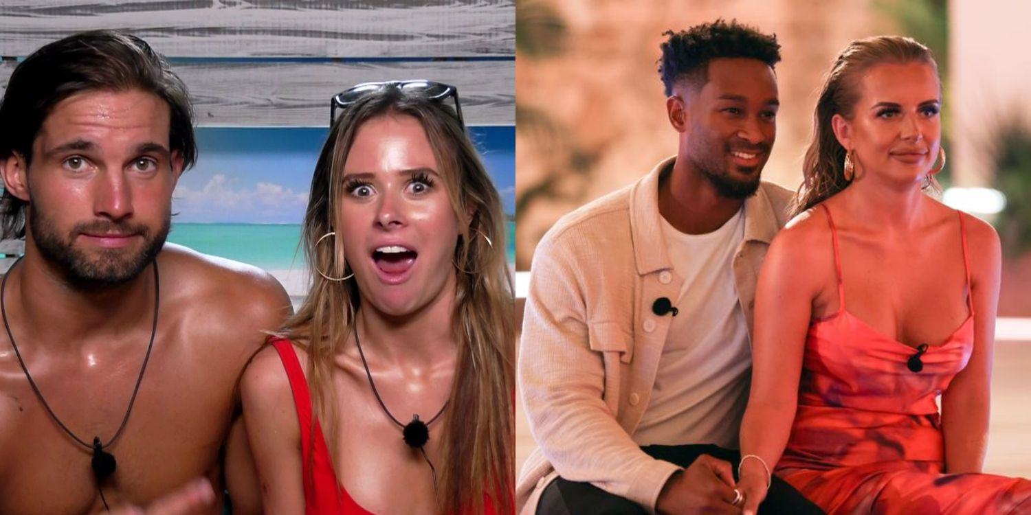 A split image of Jamie and Camilla smiling together and Teddy and Faye sitting together in Love Island