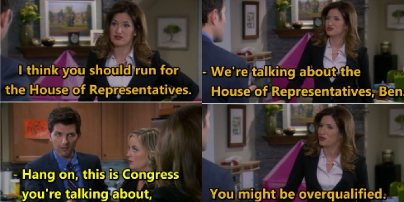 A split image of Jennifer telling ben he's overqualified on Parks and Rec