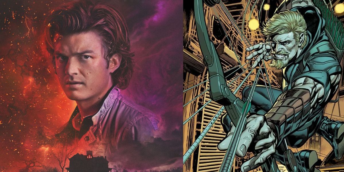 A split image of Joe Keery and The Green Arrow firing arrows with his bow in the comics