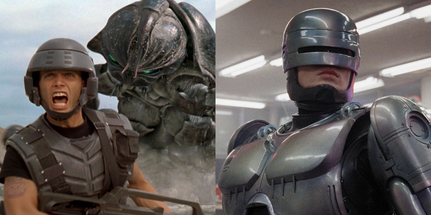 A split image of Johnny Rico shouting and Robocop