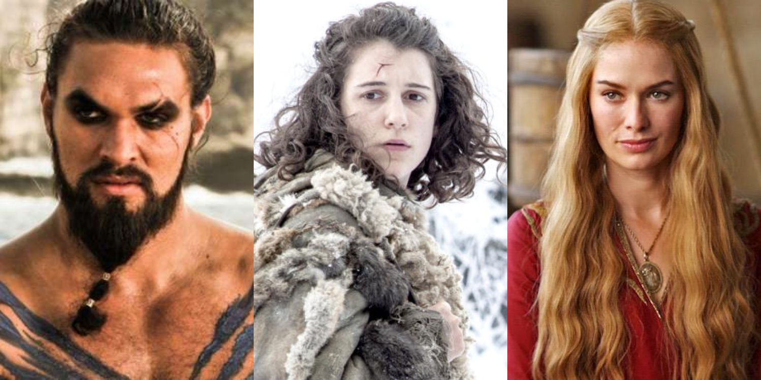 A split image of Khal Drogo, Meera, and Cersei all looking serious in Game of Thrones