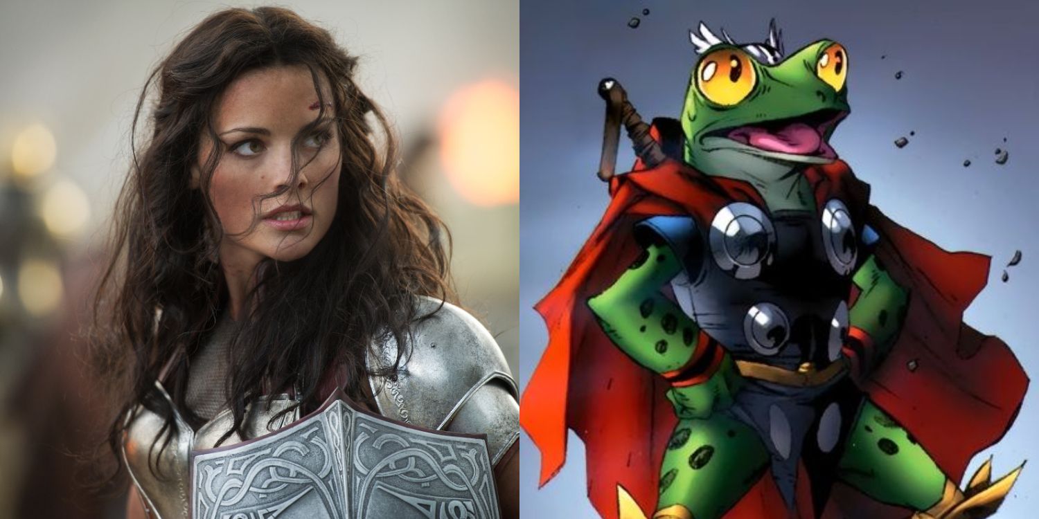 A split image of Lady Sif in Thor and an image of Thorg in the Marvel comics