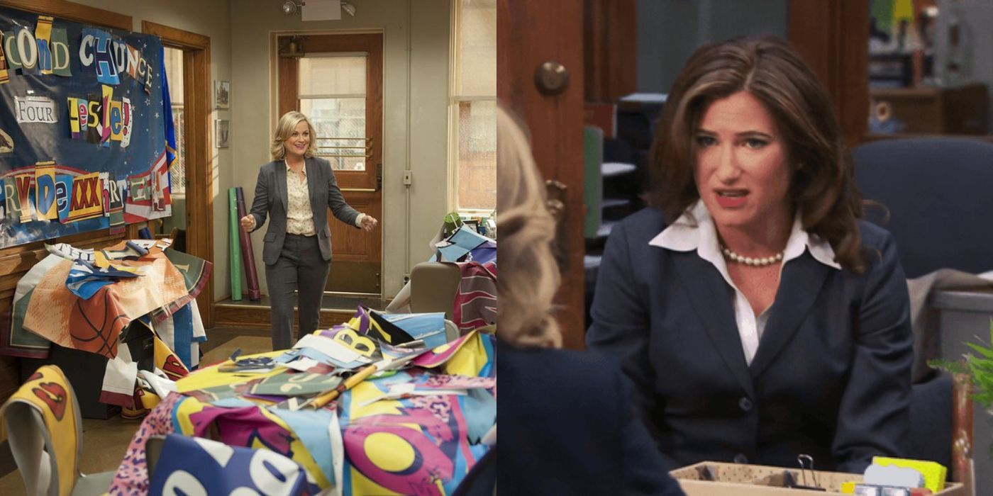 A split image of Leslie talking to Jennifer in her office on Parks and Rec.