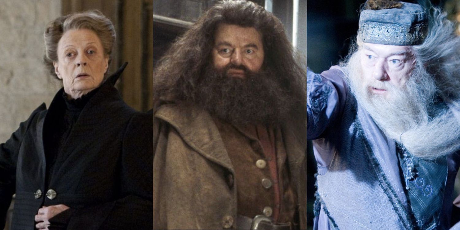 A split image of McGonagall, Hagrid, and Dumbledore in Harry Potter