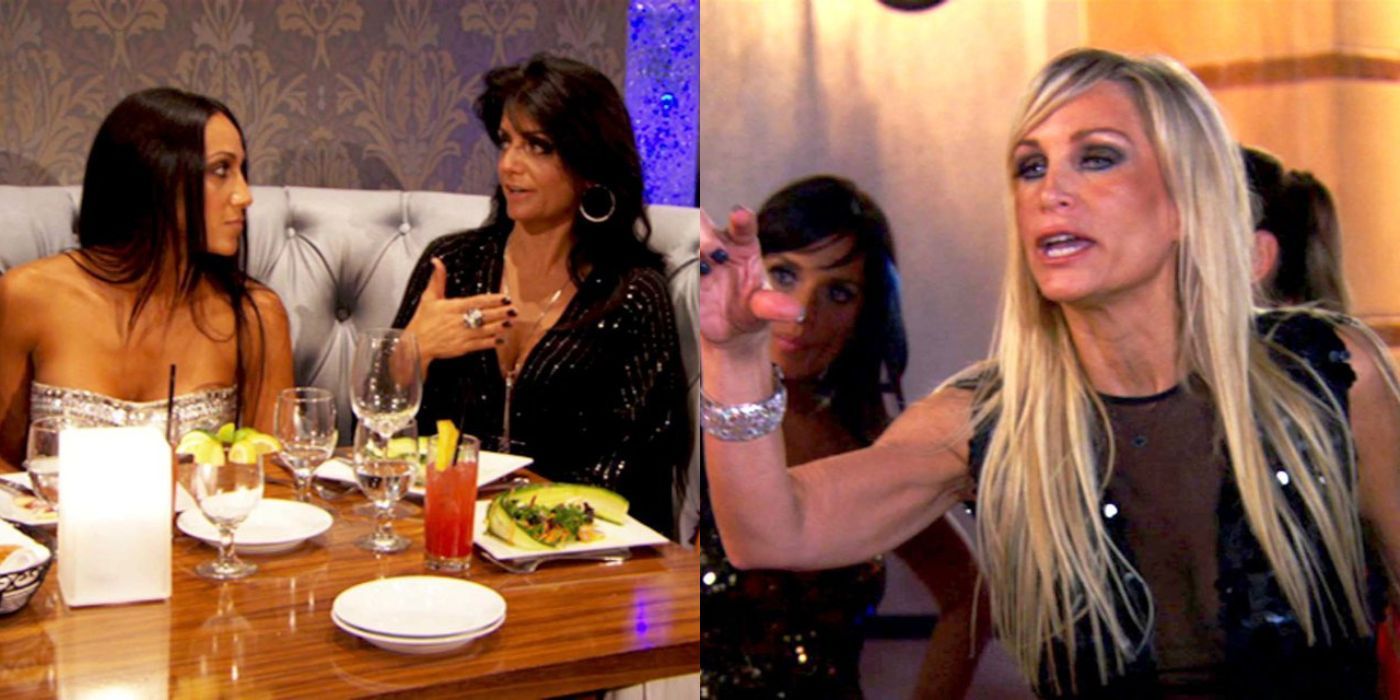 A split image of Melissa talking to Kathy and Kim fighting on RHONJ